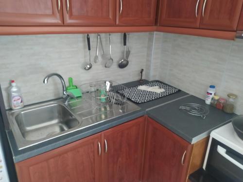 uma cozinha com um lavatório e uma bancada em Piraeus art deco apartment em Piraeus