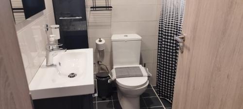 a bathroom with a white toilet and a sink at Paul's House Chania in Chania Town