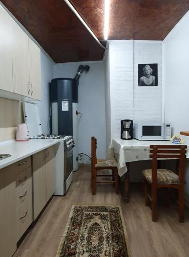 cocina con mesa, microondas y nevera en Genius Hostel Center with Grill zone and yard en Chisináu