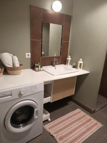 La salle de bains est pourvue d'un lave-linge et d'un lavabo. dans l'établissement La rose des sable, à Garges-lès-Gonesse