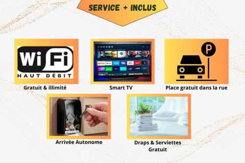 a collage of pictures of different types of electronics at Idéal PRO & Couple - 2 Logements Thème Boho Chic RDC & Dandy 1er étage - Quartier Calme - Jardin - WIFI HD - Smart TV - Parking Gratuit - Proche Centre & Transports - Ask Home in Valenciennes