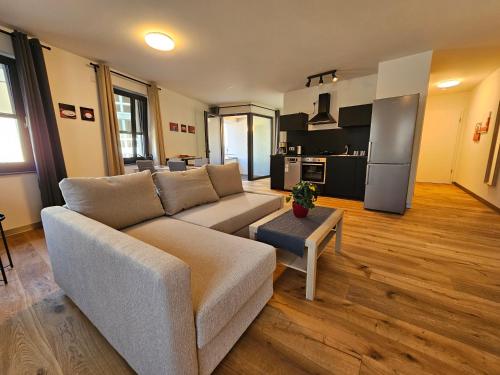 a living room with a couch and a kitchen at Cityappartements Weimar Bauhaus in Weimar