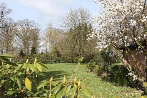 a garden with white flowering trees and a house at Jeddinger Hof Land- und Seminarhotel in Visselhövede