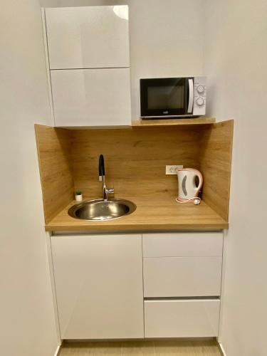 a small kitchen with a sink and a microwave at Theros in Bibinje