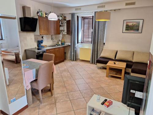 eine Küche und ein Wohnzimmer mit einem Tisch und einem Sofa in der Unterkunft Apartments Reinić in Novigrad Istria