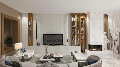- un salon avec un canapé et une cheminée dans l'établissement Antalya Holiday Villa, à Dosemealti