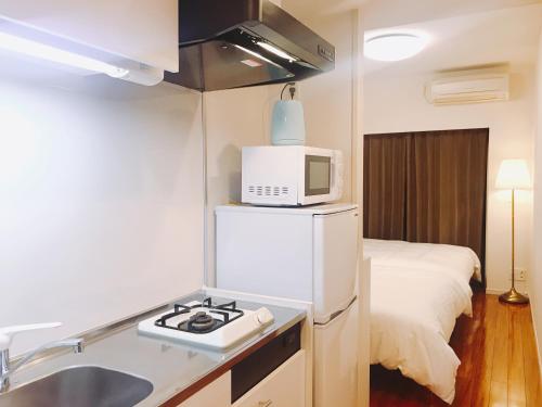 a kitchen with a sink and a microwave on top of a refrigerator at tokyo sky dream shinjuku in Tokyo