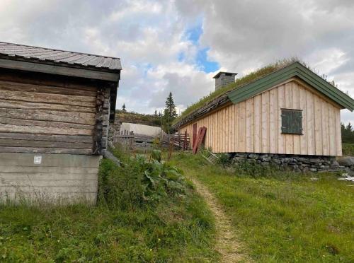 Eine Scheune und ein Gebäude auf einem Feld in der Unterkunft Hytte på idyllisk seter in Fosset