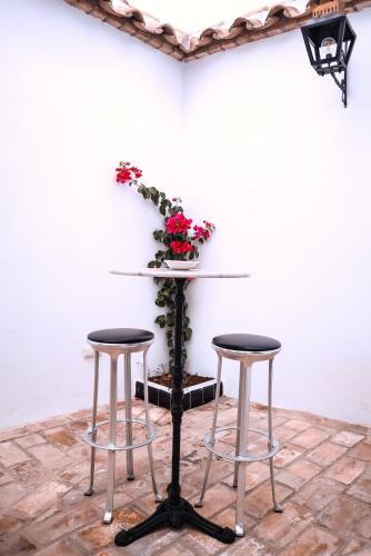 two bar stools in front of a wall with a plant at CASA DE LA SEÑORA in Palma del Río