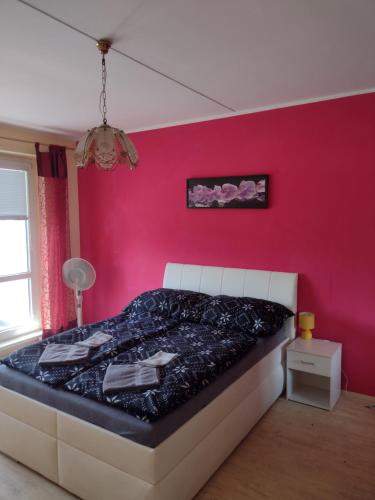 a bedroom with a bed with a pink wall at Apartmán Uvalská in Karlovy Vary