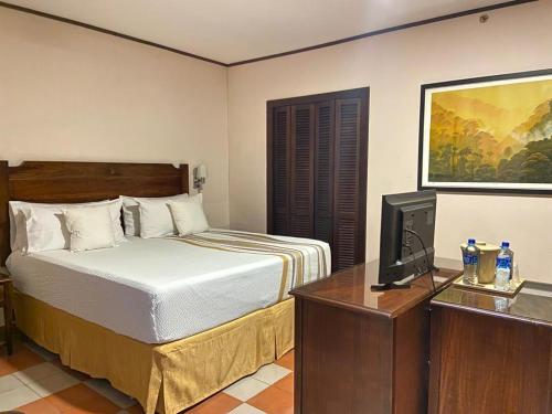 a bedroom with a bed and a tv in a room at Hotel La Recolección in León