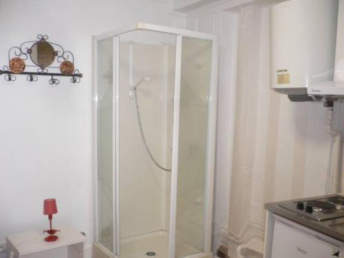 une douche avec une cabine en verre dans une salle de bain dans l'établissement En plein centre historique et piétonnier, à Rouen