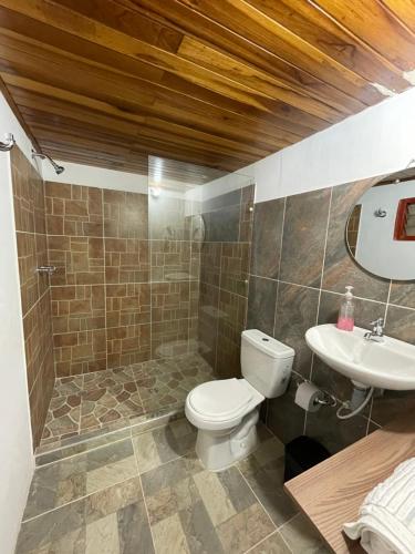 a bathroom with a toilet and a sink at Ancestral Casa de Campo in Roldanillo