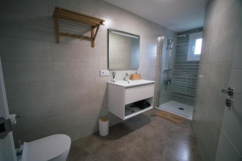 a bathroom with a sink and a shower and a toilet at Laxiela Apartment in O Grove