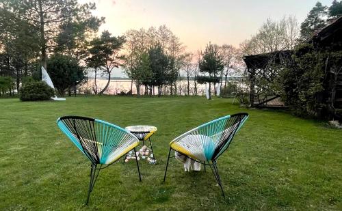 two chairs sitting in the grass in a yard at Dom z Widokiem w Rajgrodzie in Rajgród