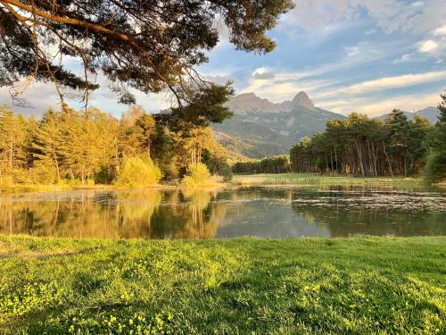 a view of a lake with a mountain in the background at Petit chalet 40 m2 en Ubaye BARCELONNETTE in Barcelonnette