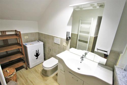 a bathroom with a sink and a toilet and a mirror at In Monferrato da Valentina in Calliano