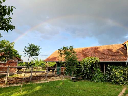 un arco iris en el cielo sobre un granero con un caballo en Sobe Palasthy, en Novi Bečej