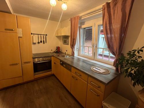 a kitchen with a sink and a refrigerator at Franziskaner Suites #12 in Graz
