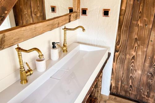 a bathroom with a sink and two faucets at Hamerská chaloupka in Hlinsko