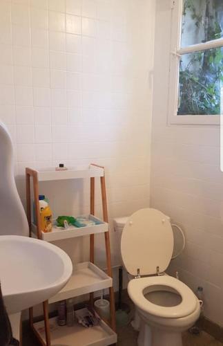 une salle de bain avec des toilettes blanches et un lavabo dans l'établissement Grande maison normande autosuffisante en énergie, à Ticheville
