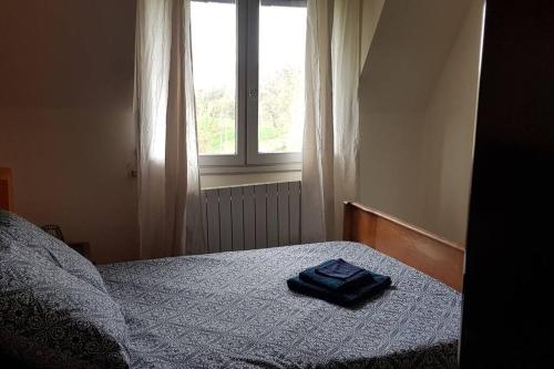 a bedroom with a bed with a blue towel on it at Grande maison normande autosuffisante en énergie in Ticheville