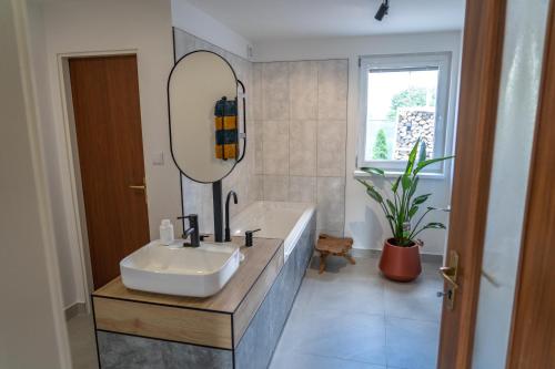 baño con lavabo y espejo grande en Raj v Slovenskom Raji 2 samostatné apartmány, en Spišská Nová Ves