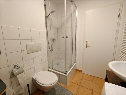 ein Bad mit einer Dusche, einem WC und einem Waschbecken in der Unterkunft 2BR Apartment, Parking, Wi-Fi, TV in Berlin Karow in Berlin
