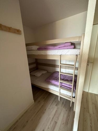 Cette petite chambre comprend 2 lits superposés et du parquet. dans l'établissement Sunny studio 25 m2 Mountain View balcony in Alpe d Huez district Eclose, à L'Alpe-d'Huez