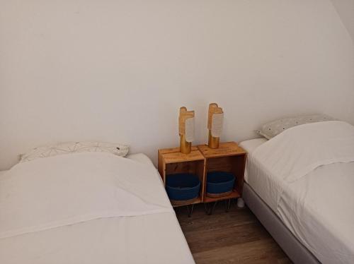 een slaapkamer met twee bedden en een nachtkastje ertussen bij Chez Madeline in Le Gosier