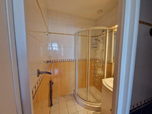 une salle de bain avec douche et toilettes dans l'établissement Au village naturiste, Villa vue Marina, au Cap d'Agde