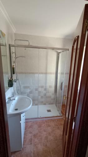 a bathroom with a shower and a white sink at Casa Elisa Monegro. in Monegro