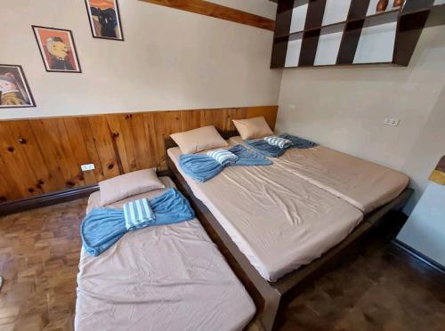 2 camas individuais num quarto com paredes de madeira em Simple Room in a Transient House em Baguio