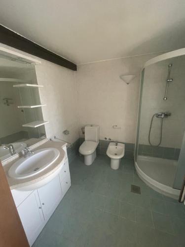 een badkamer met een wastafel, een toilet en een douche bij Apartments Milena in Portorož