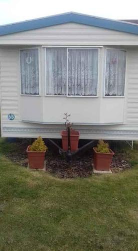 une maison avec trois plantes en pot devant elle dans l'établissement Sandgate caravan park 2023, à Hemsby