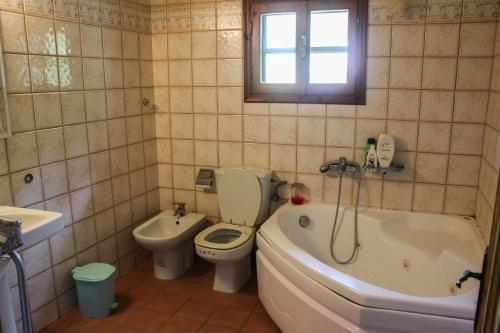 a bathroom with a toilet and a tub and a sink at Doctors' House Upper in Mikrós Prínos