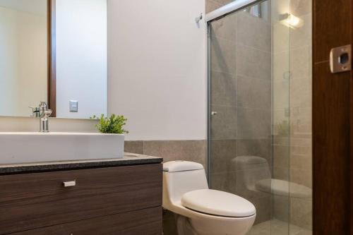 W łazience znajduje się toaleta i przeszklony prysznic. w obiekcie Master skyline balcony suite / Limpieza diaria w mieście Guadalajara