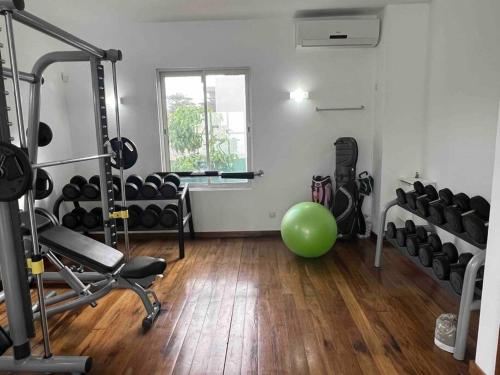 a room with a gym with a green ball in it at Villa luxueuse - Pointe aux Sables in Pointe aux Sable