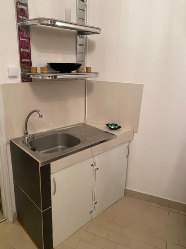 a small kitchen with a sink and a microwave at CHARMANT studio in Quartier du Fond Fleuri