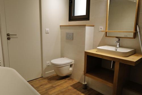 a bathroom with a white toilet and a sink at Les Gîtes d'Aillon et d'Ailleurs in Aillon-le-Jeune