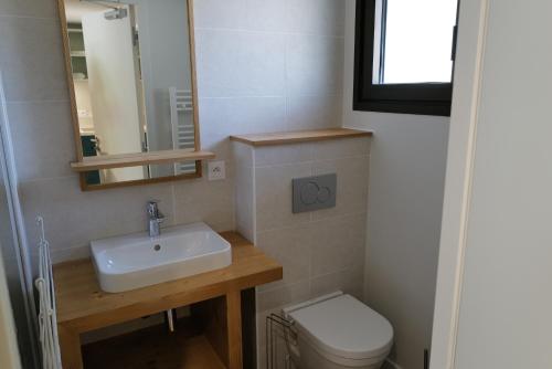 a small bathroom with a sink and a toilet at Les Gîtes d'Aillon et d'Ailleurs in Aillon-le-Jeune