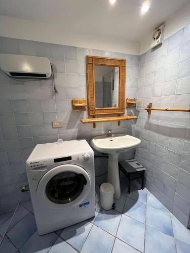 une salle de bain avec une machine à laver et un lavabo dans l'établissement Dragonniere, Superbe 2P vue parc et piscine, près de Monaco, à Roquebrune-Cap-Martin