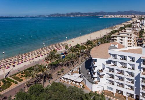 an aerial view of a beach and buildings and the ocean at Grupotel Acapulco Playa - Adults Only in Playa de Palma