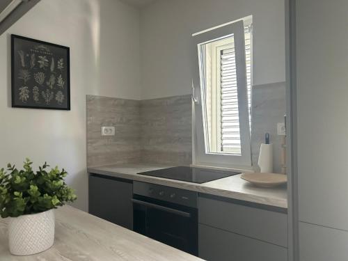 a kitchen with a sink and a window at Villa EnVi in Novalja
