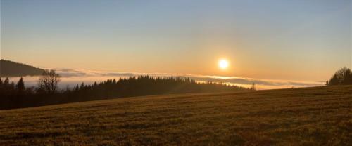 a sunset over a field with the sun in the sky at Apartmány HÁJOVNA Lipno in Loučovice