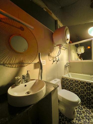 a bathroom with a sink and a toilet and a mirror at Whoopers Boutique Resort Jibhi in Jibhi