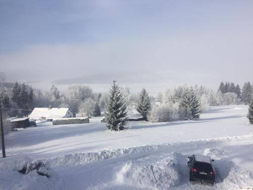 a car is parked in a snow covered yard at Apartmány HÁJOVNA Lipno in Loučovice