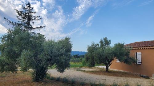 a house with two trees next to a building at Rêve en Lubéron in Lauris