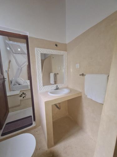 a bathroom with a sink and a mirror at Linda's Little Lincoln in Watamu