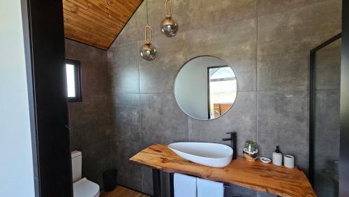a bathroom with a sink and a mirror at Little Acre Luxury Pods in Tulbagh